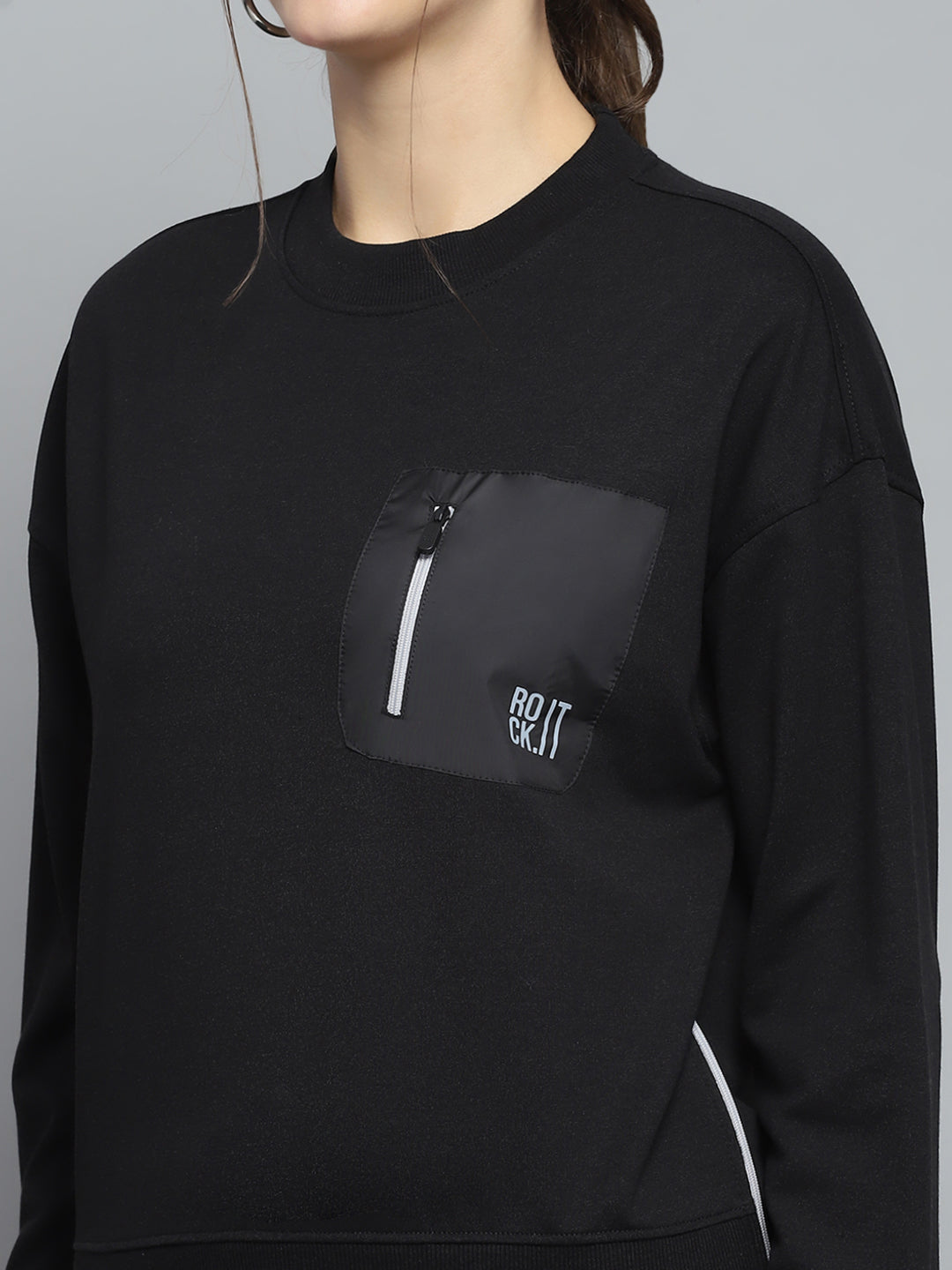 Rock.it Women Black Printed Round Neck Full Sleeve Sweatshirt