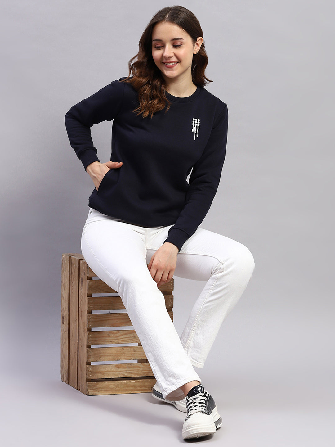 Rock.it Women Navy Blue Printed Round Neck Full Sleeve Sweatshirt