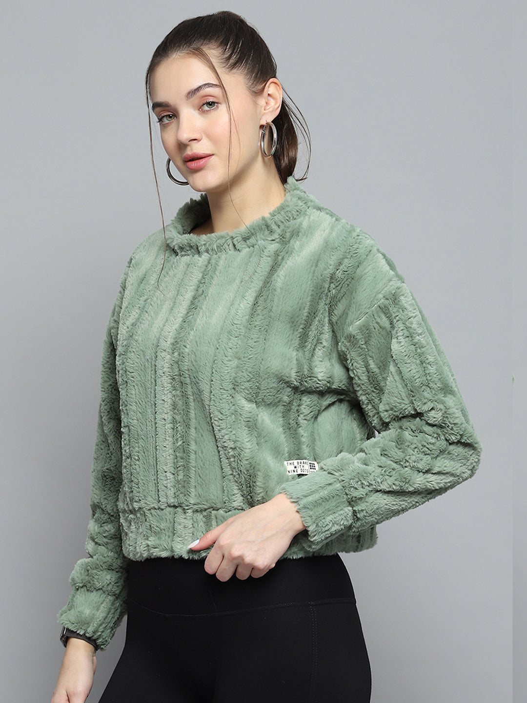 Rock.it Women Green Solid Round Neck Full Sleeve Sweatshirt