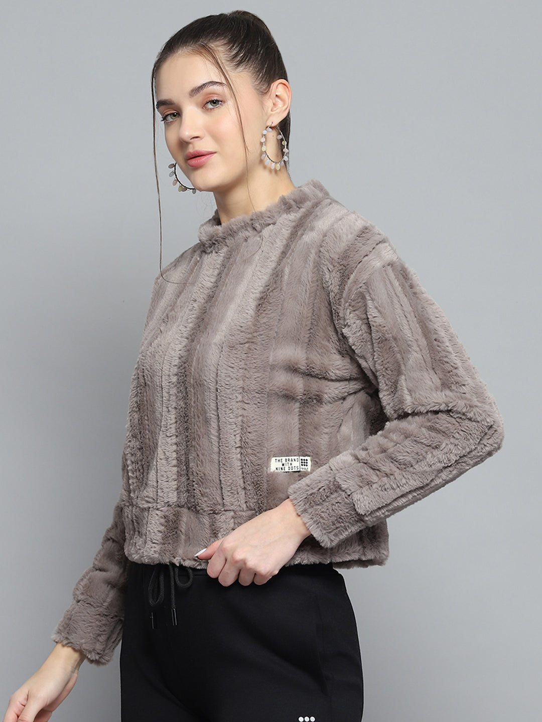 Rock.it Women Grey Solid Round Neck Full Sleeve Sweatshirt