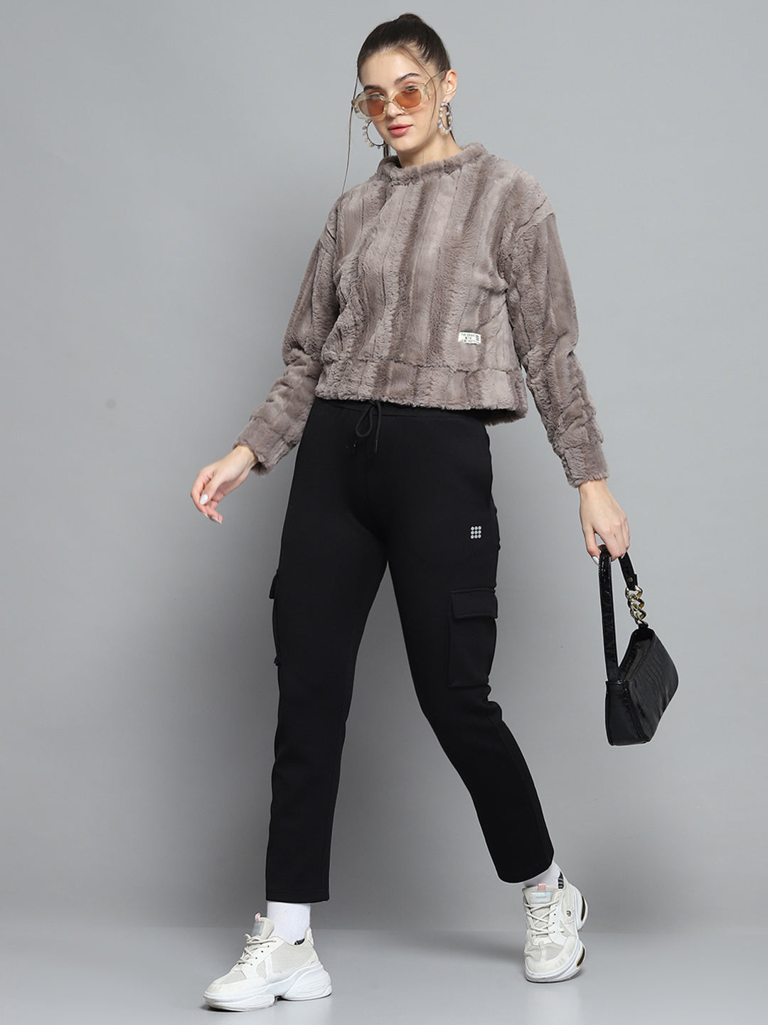 Rock.it Women Grey Solid Round Neck Full Sleeve Sweatshirt