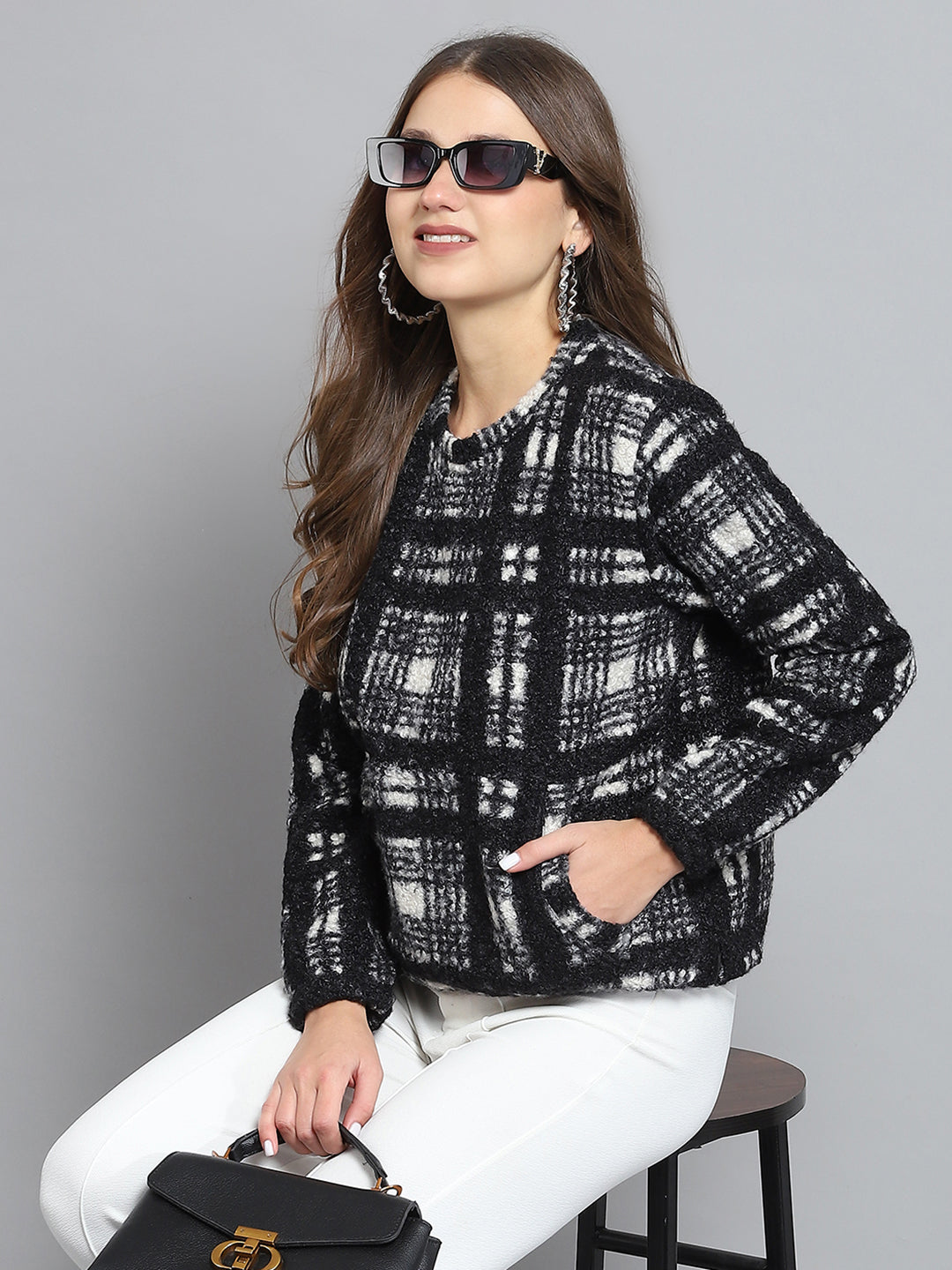 Rock.it Women Black Self Design Round Neck Full Sleeve Sweatshirt