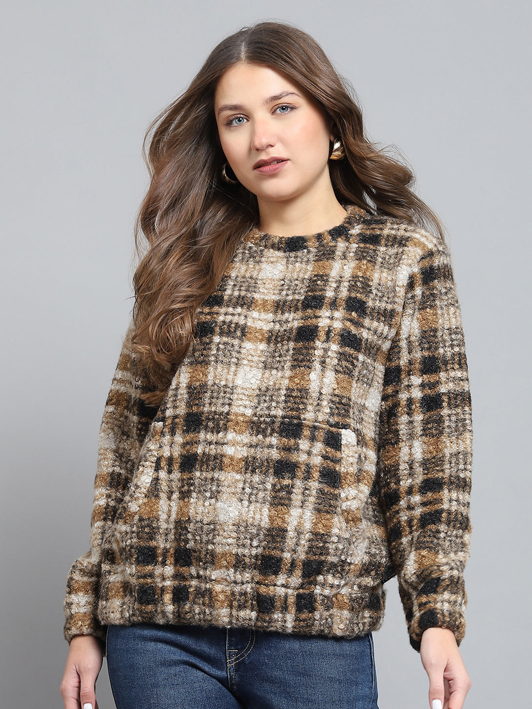 Rock.it Women Brown Self Design Round Neck Full Sleeve Sweatshirt