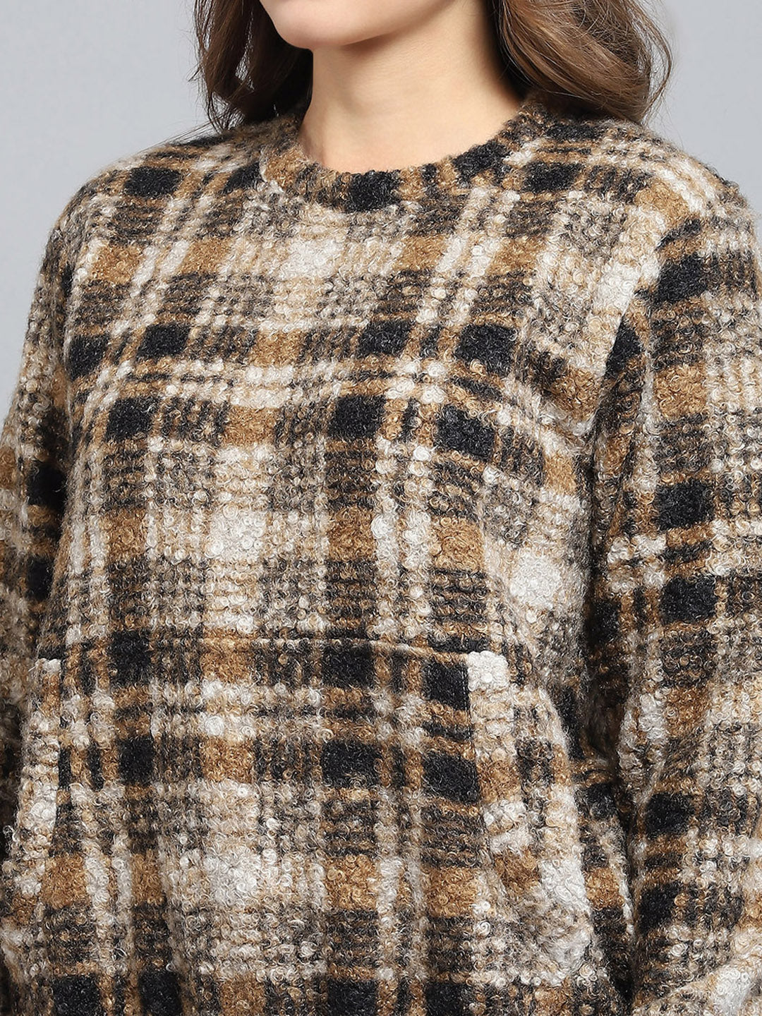 Rock.it Women Brown Self Design Round Neck Full Sleeve Sweatshirt