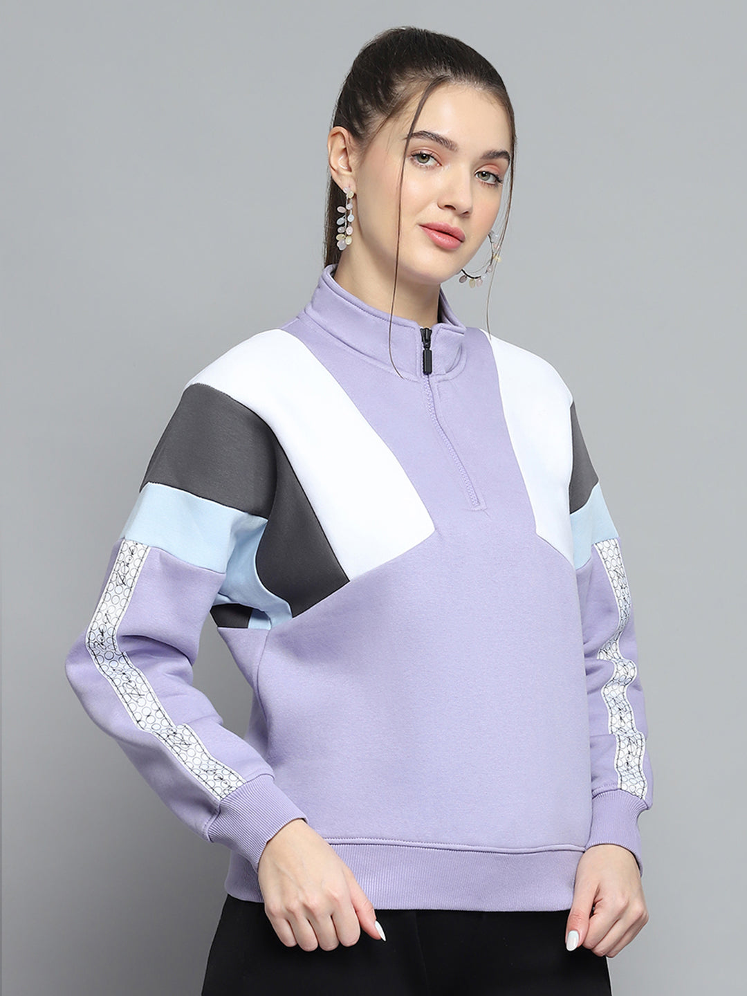 Rock.it Women Purple Solid Mock Neck Full Sleeve Sweatshirt