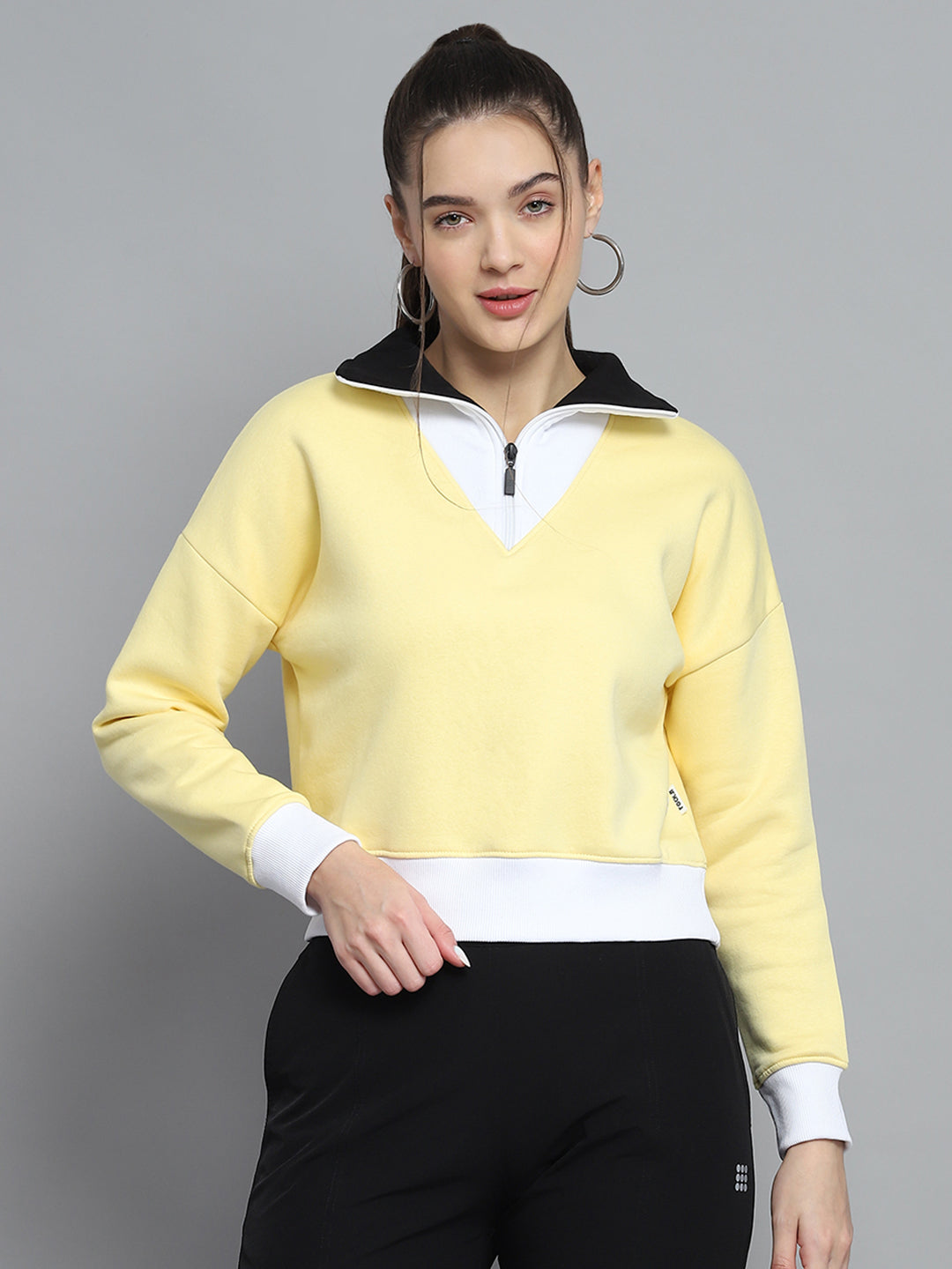 Rock.it Women Yellow Solid Collar Full Sleeve Sweatshirt