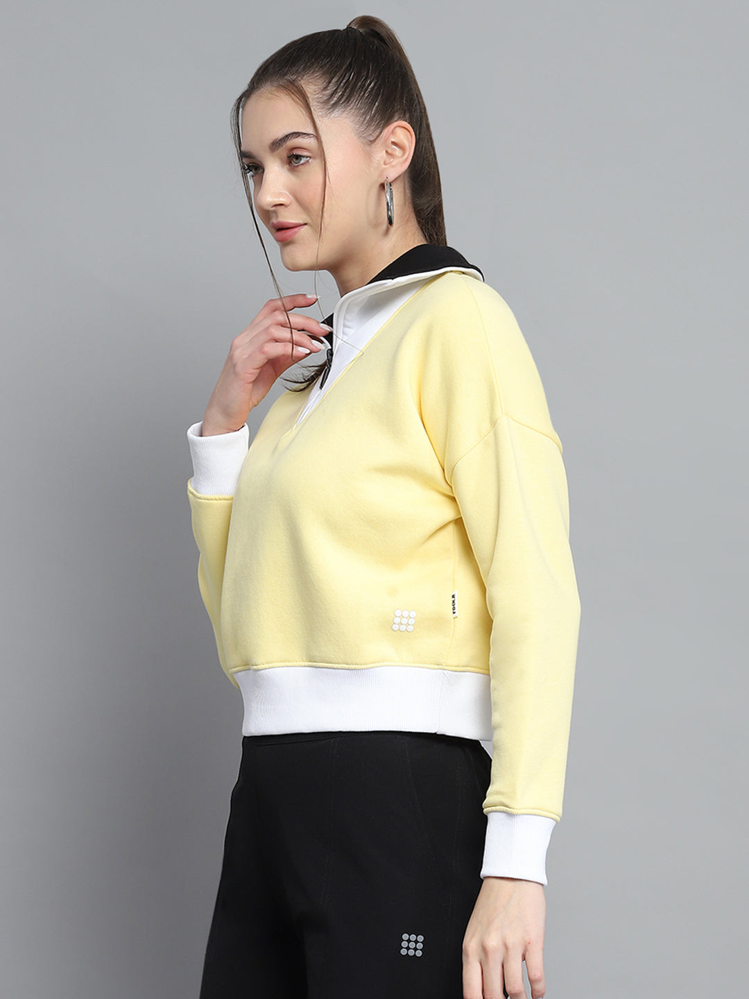Rock.it Women Yellow Solid Collar Full Sleeve Sweatshirt