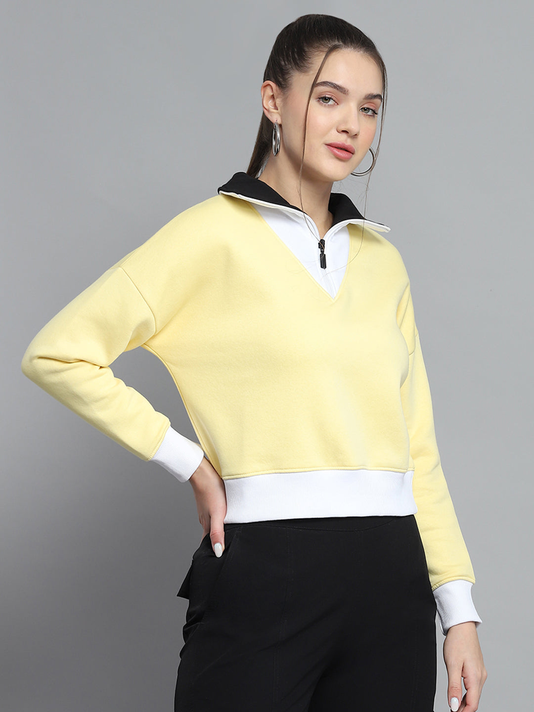 Rock.it Women Yellow Solid Collar Full Sleeve Sweatshirt