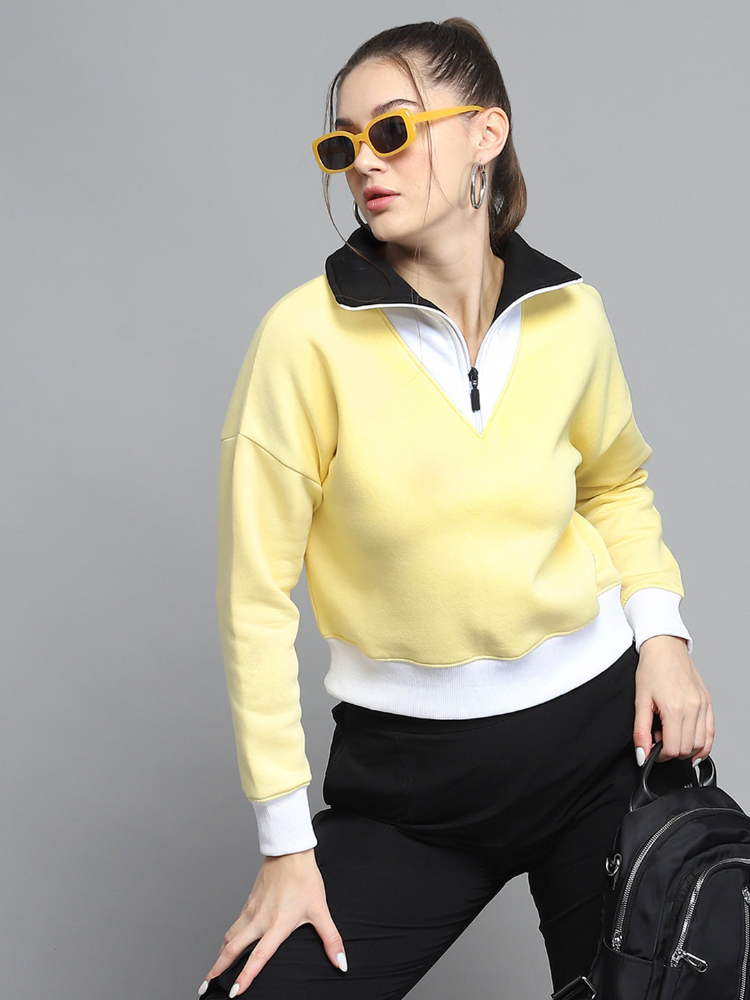 Rock.it Women Yellow Solid Collar Full Sleeve Sweatshirt