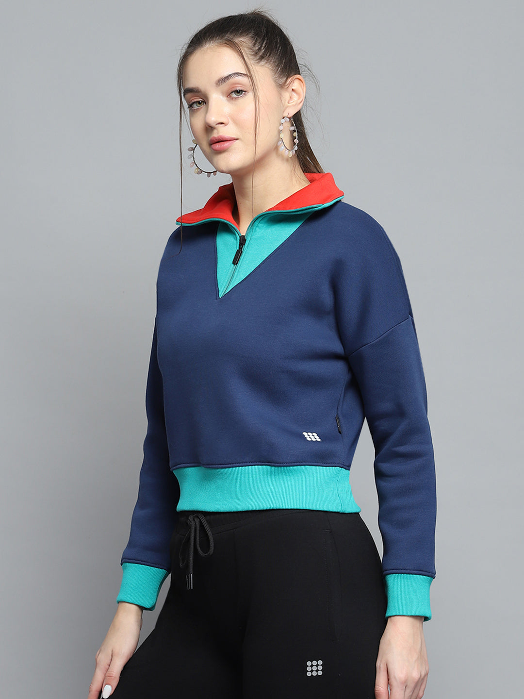 Rock.it Women Blue Solid Collar Full Sleeve Sweatshirt