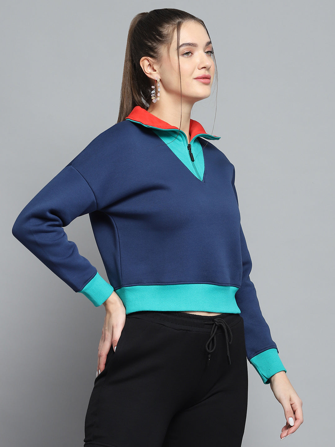Rock.it Women Blue Solid Collar Full Sleeve Sweatshirt
