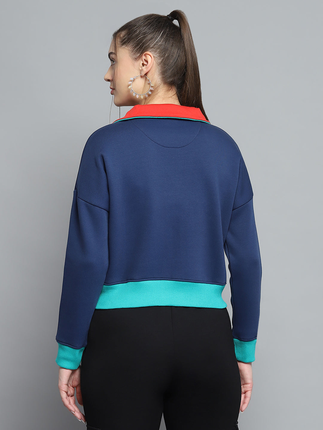 Rock.it Women Blue Solid Collar Full Sleeve Sweatshirt