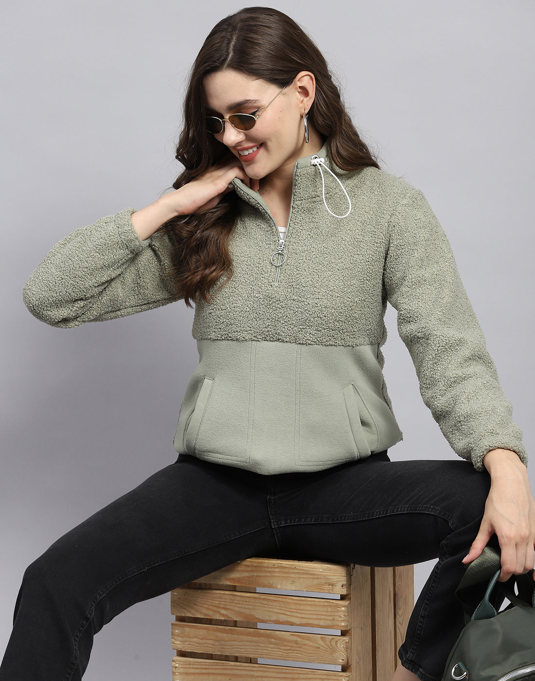 Rock.it Women Grey Solid Turtle Neck Full Sleeve Sweatshirt