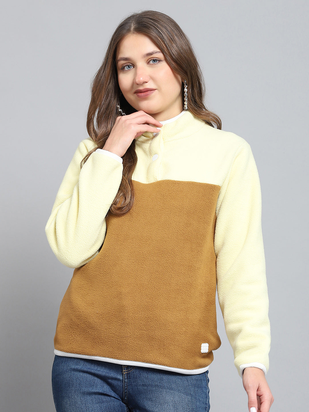 Rock.it Women Brown Self Design Mock Neck Full Sleeve Sweatshirt
