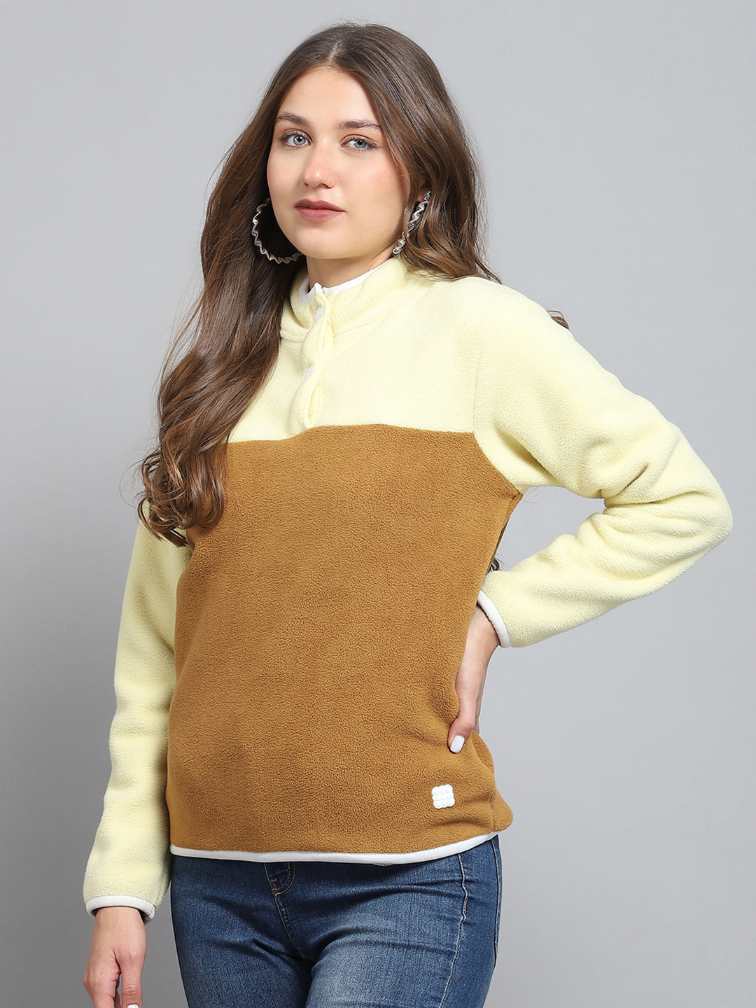 Rock.it Women Brown Self Design Mock Neck Full Sleeve Sweatshirt