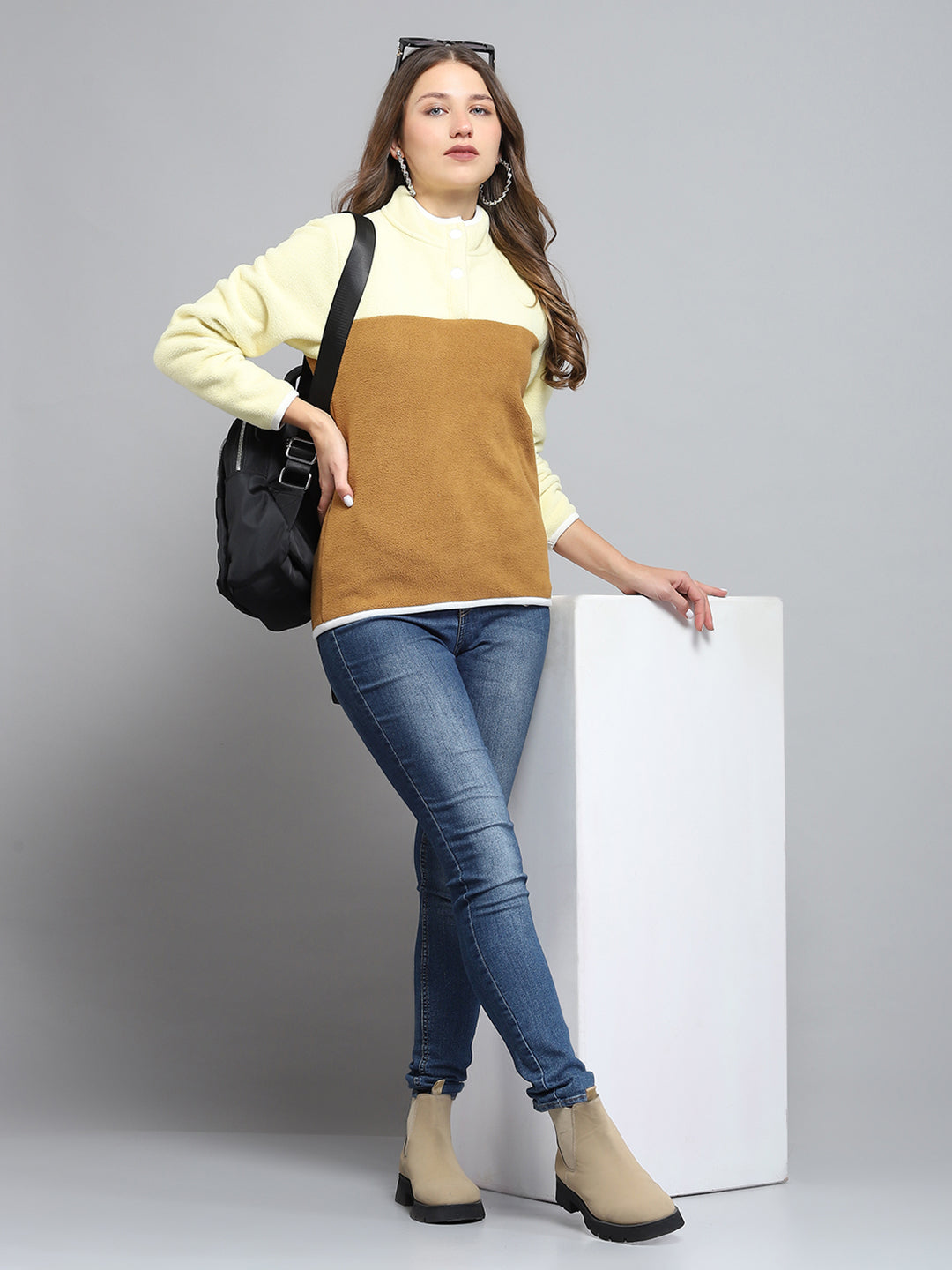 Rock.it Women Brown Self Design Mock Neck Full Sleeve Sweatshirt