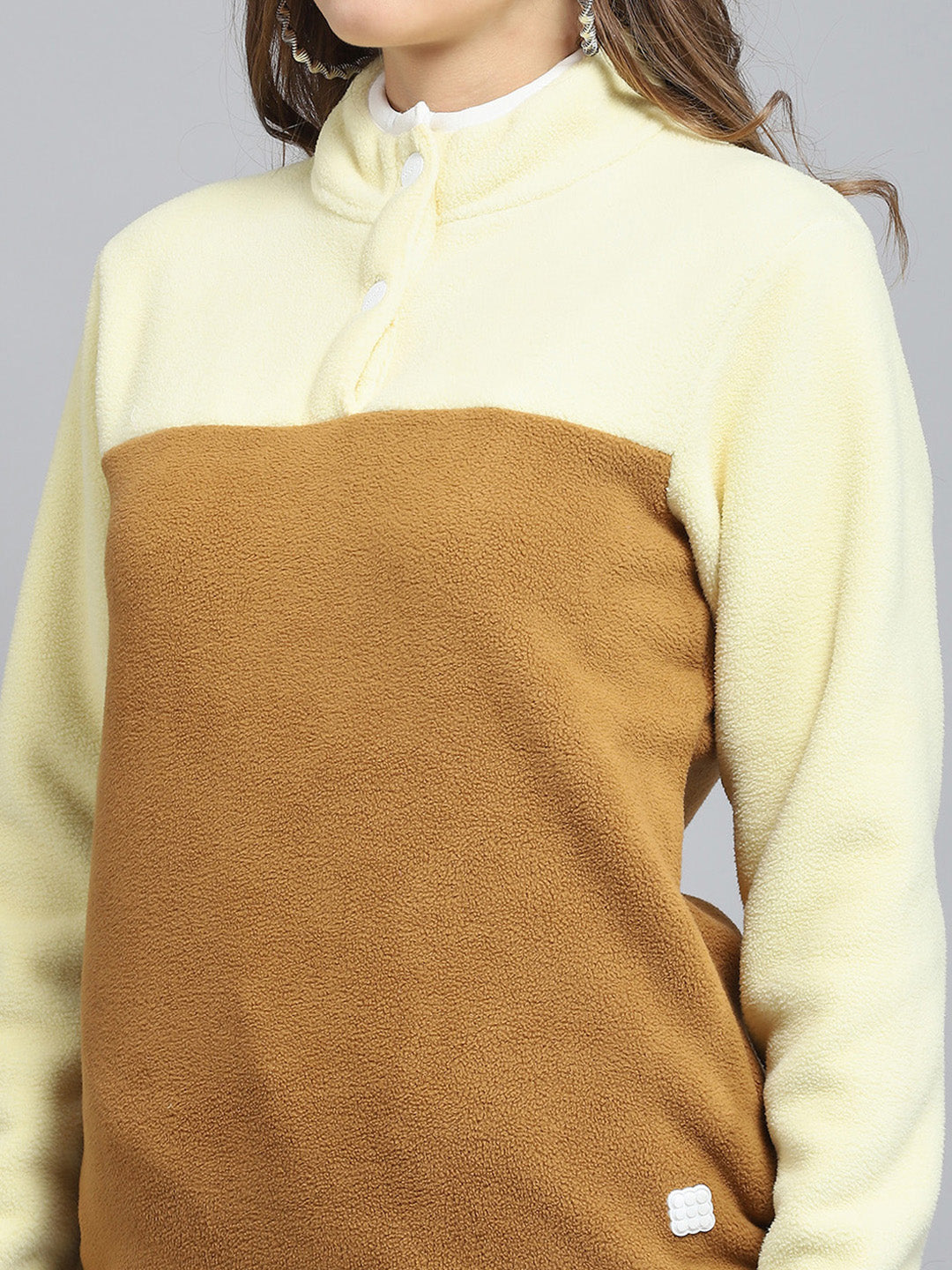 Rock.it Women Brown Self Design Mock Neck Full Sleeve Sweatshirt