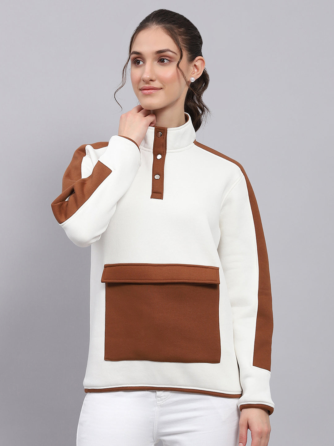 Rock.it Women White Solid Mock Neck Full Sleeve Sweatshirt