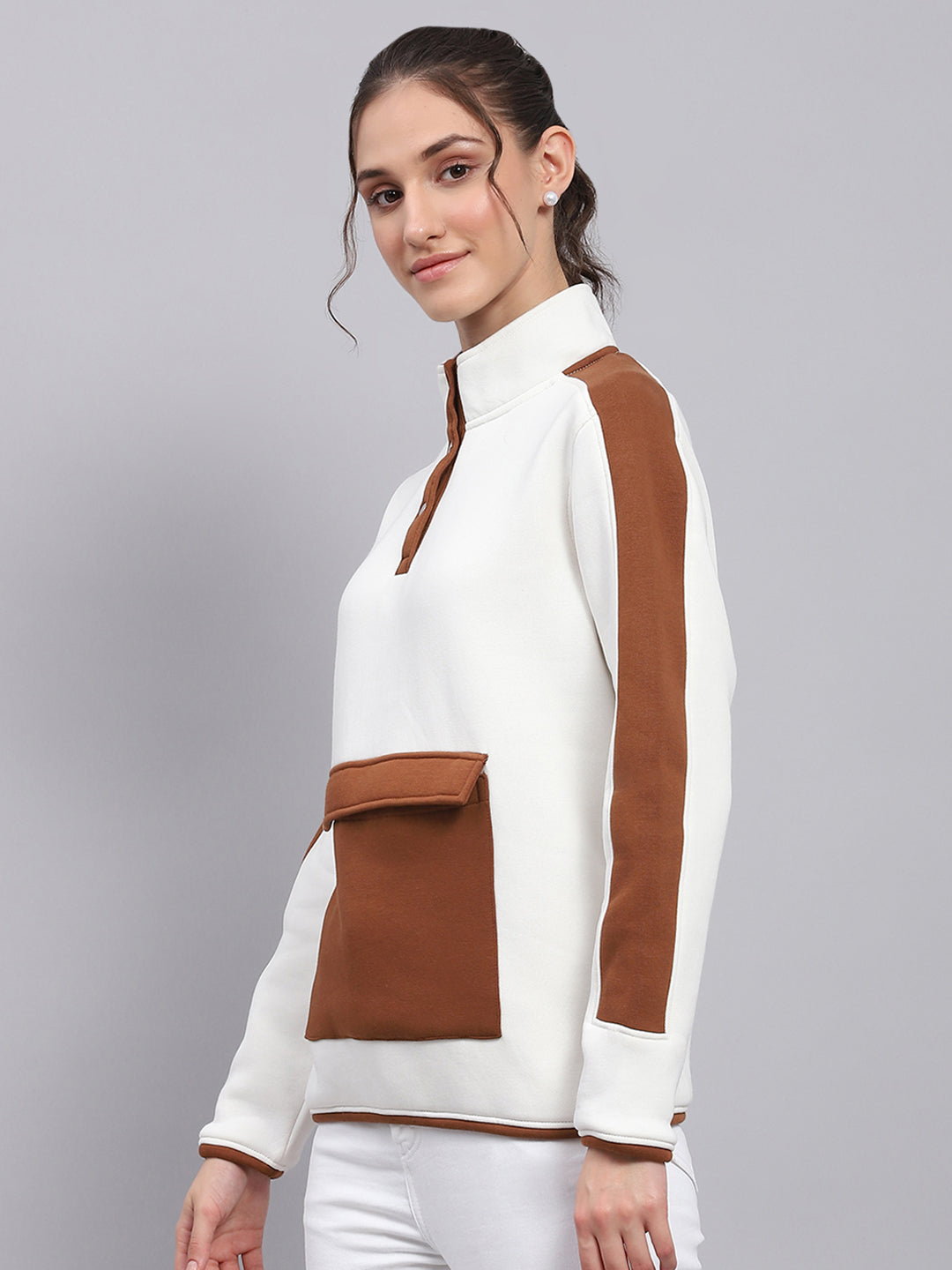 Rock.it Women White Solid Mock Neck Full Sleeve Sweatshirt