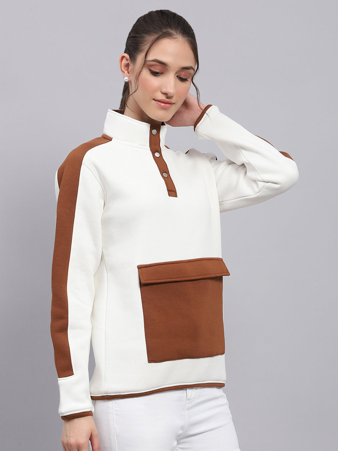 Rock.it Women White Solid Mock Neck Full Sleeve Sweatshirt