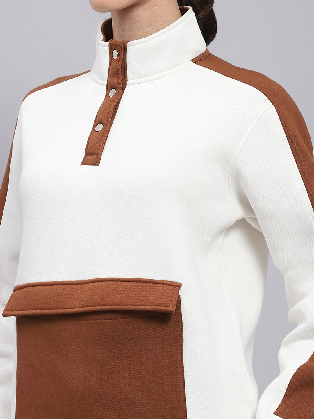 Rock.it Women White Solid Mock Neck Full Sleeve Sweatshirt