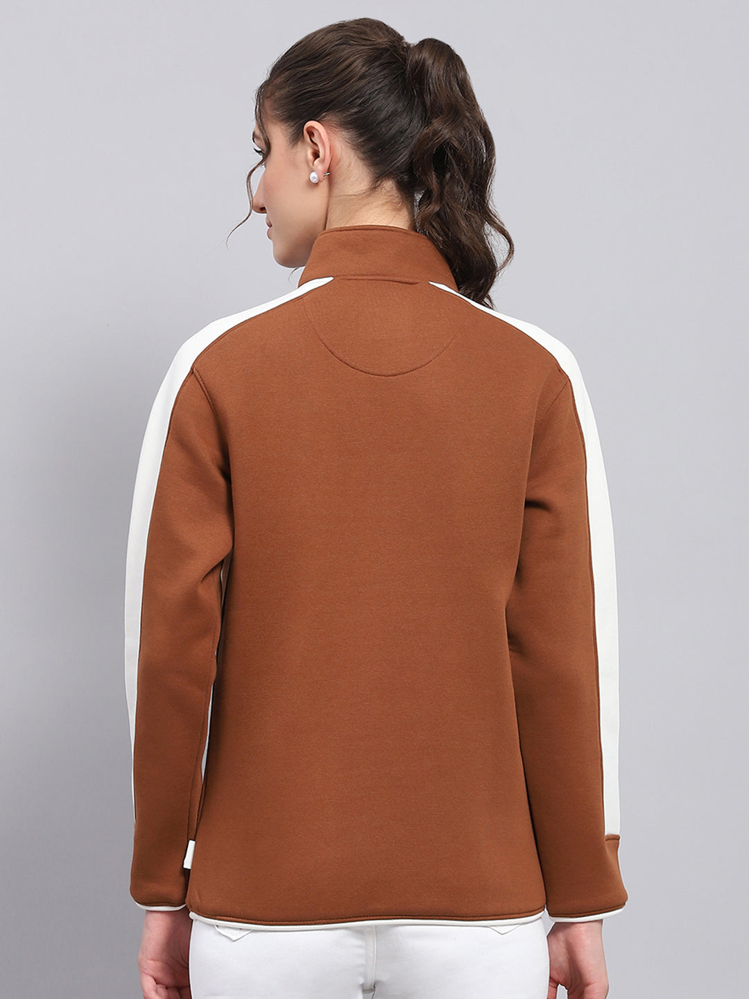 Rock.it Women Brown Solid Mock Neck Full Sleeve Sweatshirt