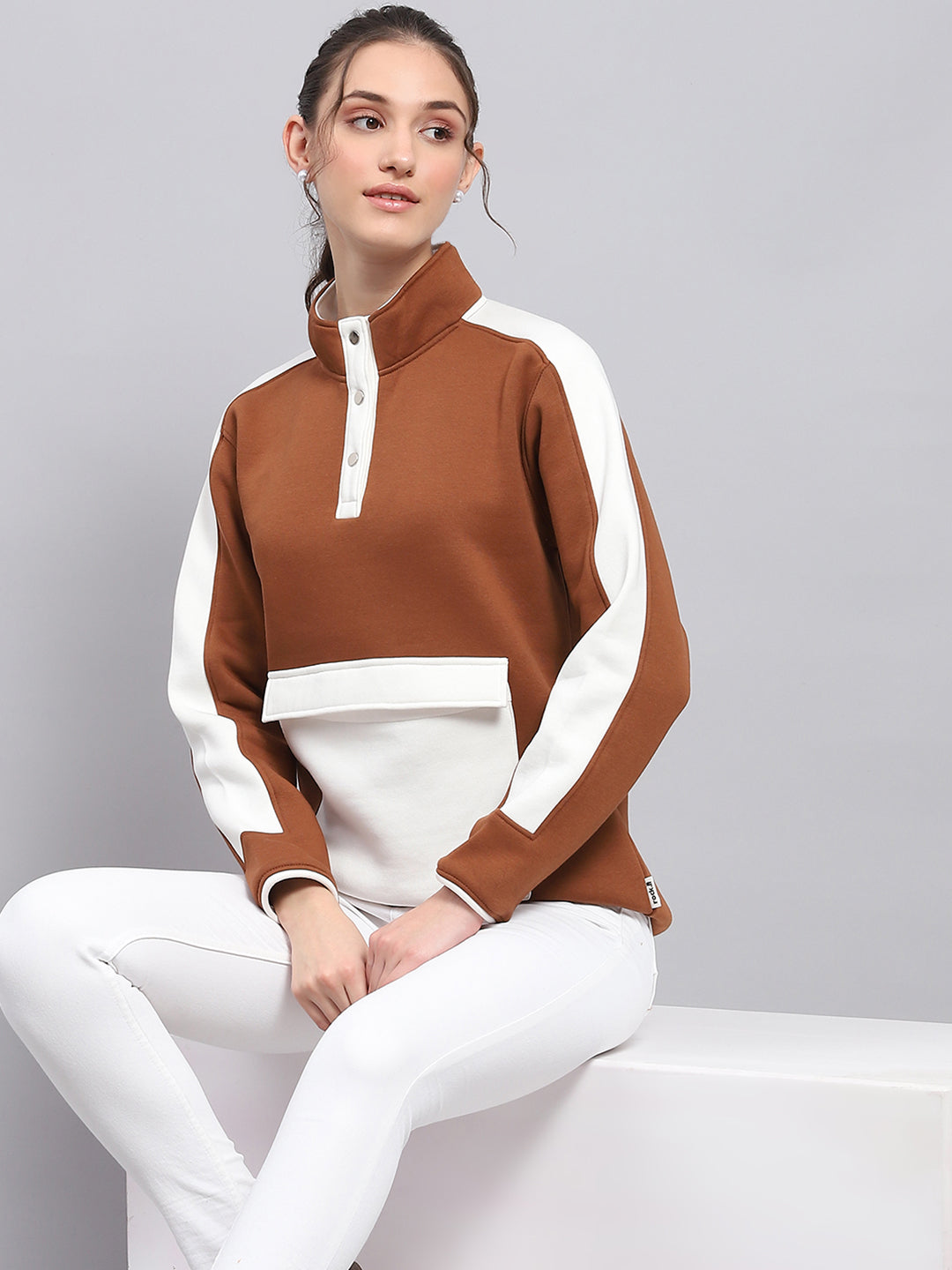 Rock.it Women Brown Solid Mock Neck Full Sleeve Sweatshirt
