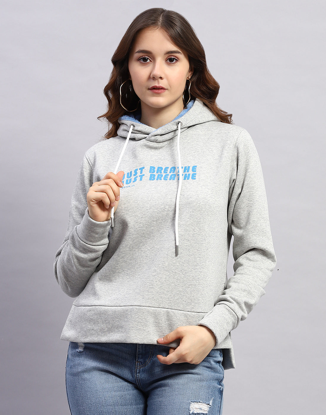 Rock.it Women Grey Solid Hooded Full Sleeve Sweatshirt