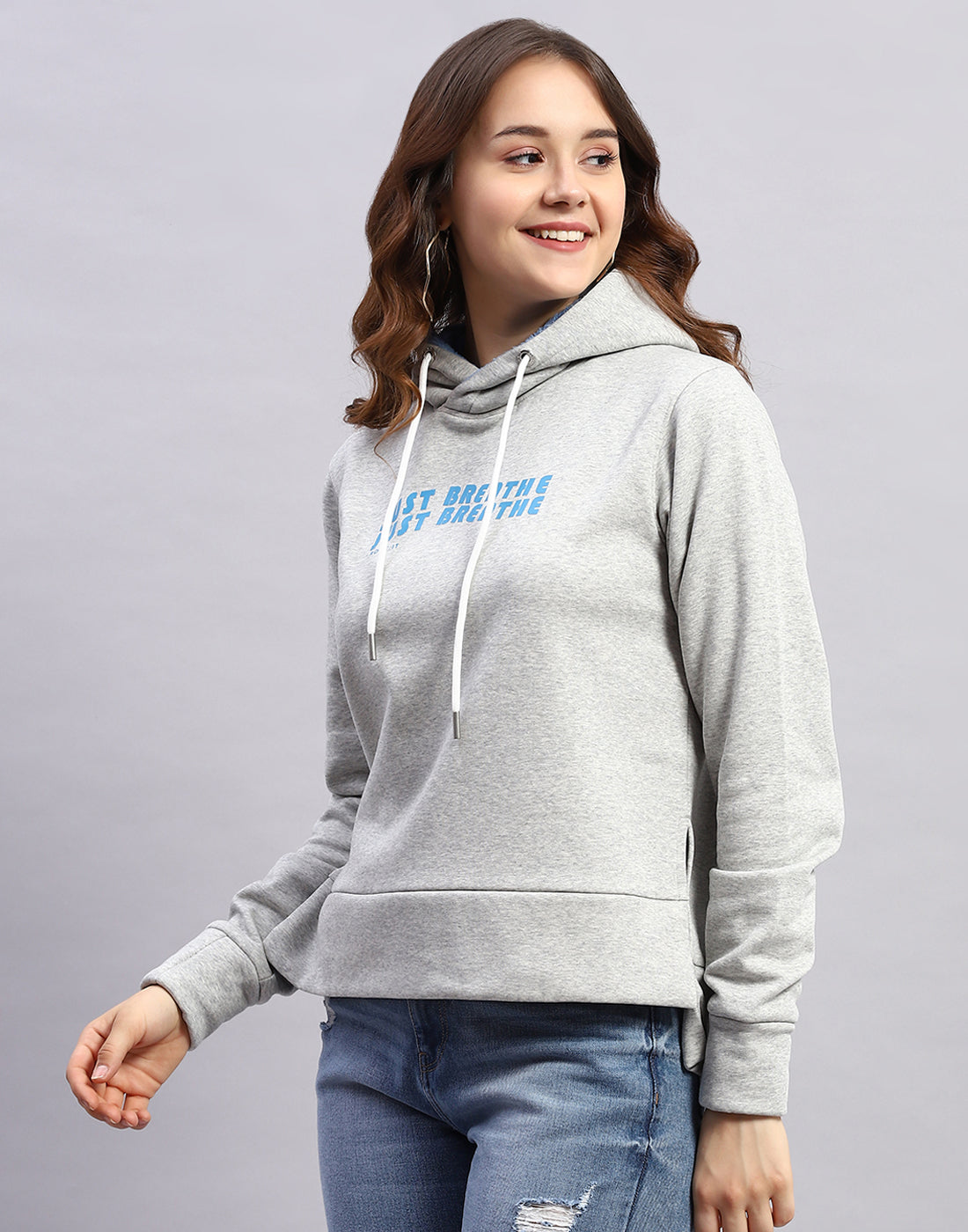 Rock.it Women Grey Solid Hooded Full Sleeve Sweatshirt