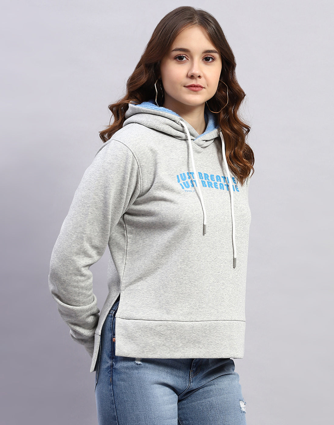Rock.it Women Grey Solid Hooded Full Sleeve Sweatshirt