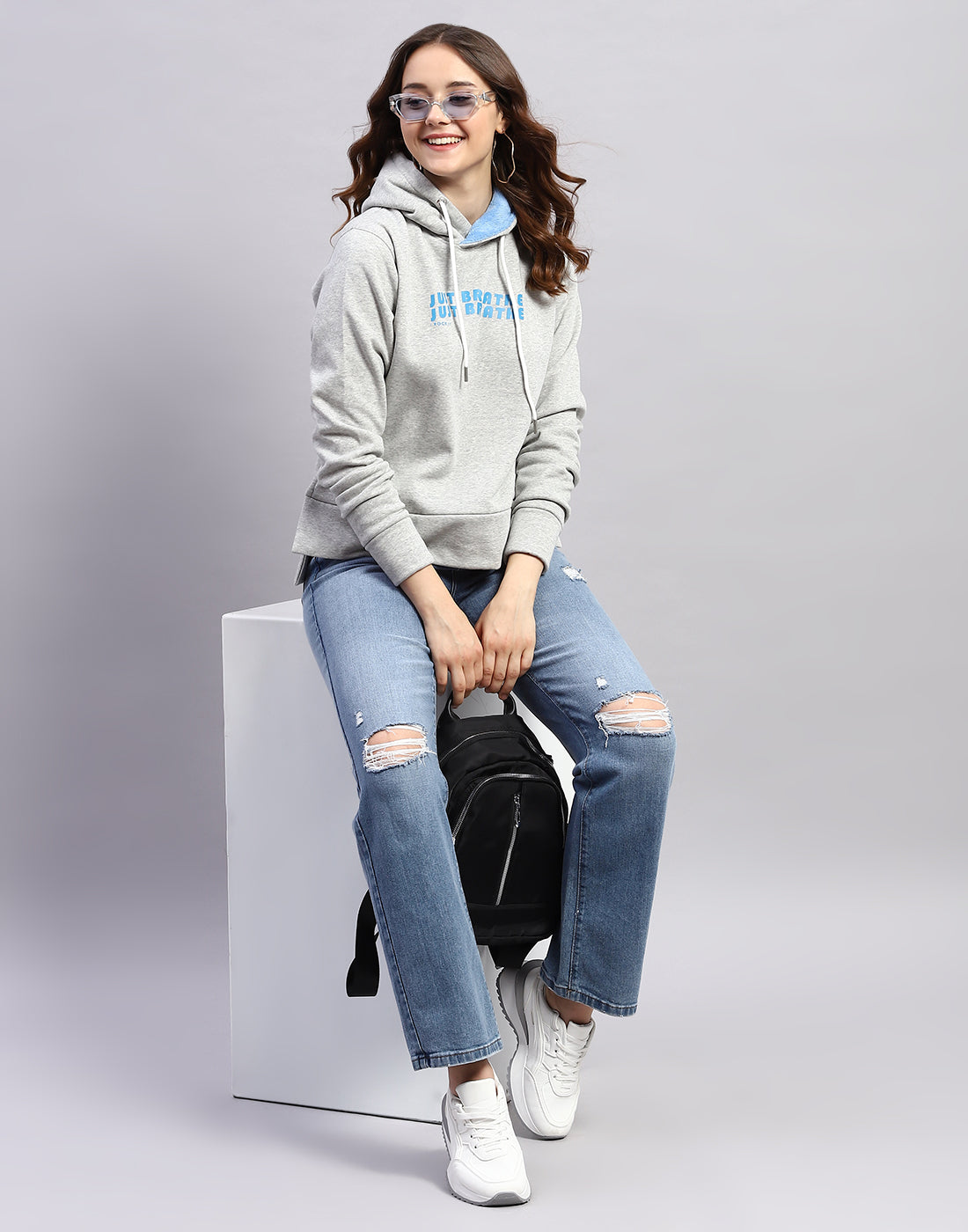 Rock.it Women Grey Solid Hooded Full Sleeve Sweatshirt