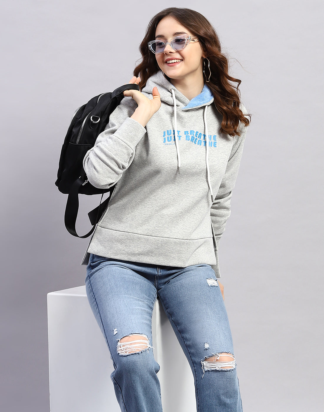 Rock.it Women Grey Solid Hooded Full Sleeve Sweatshirt