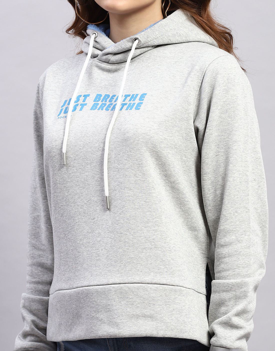 Rock.it Women Grey Solid Hooded Full Sleeve Sweatshirt