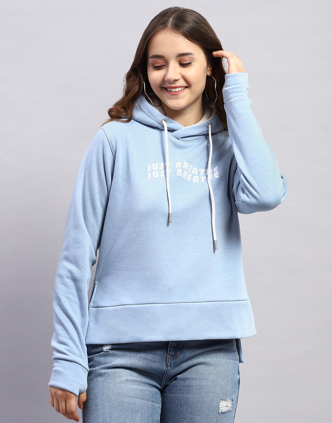 Rock.it Women Blue Solid Hooded Full Sleeve Sweatshirt