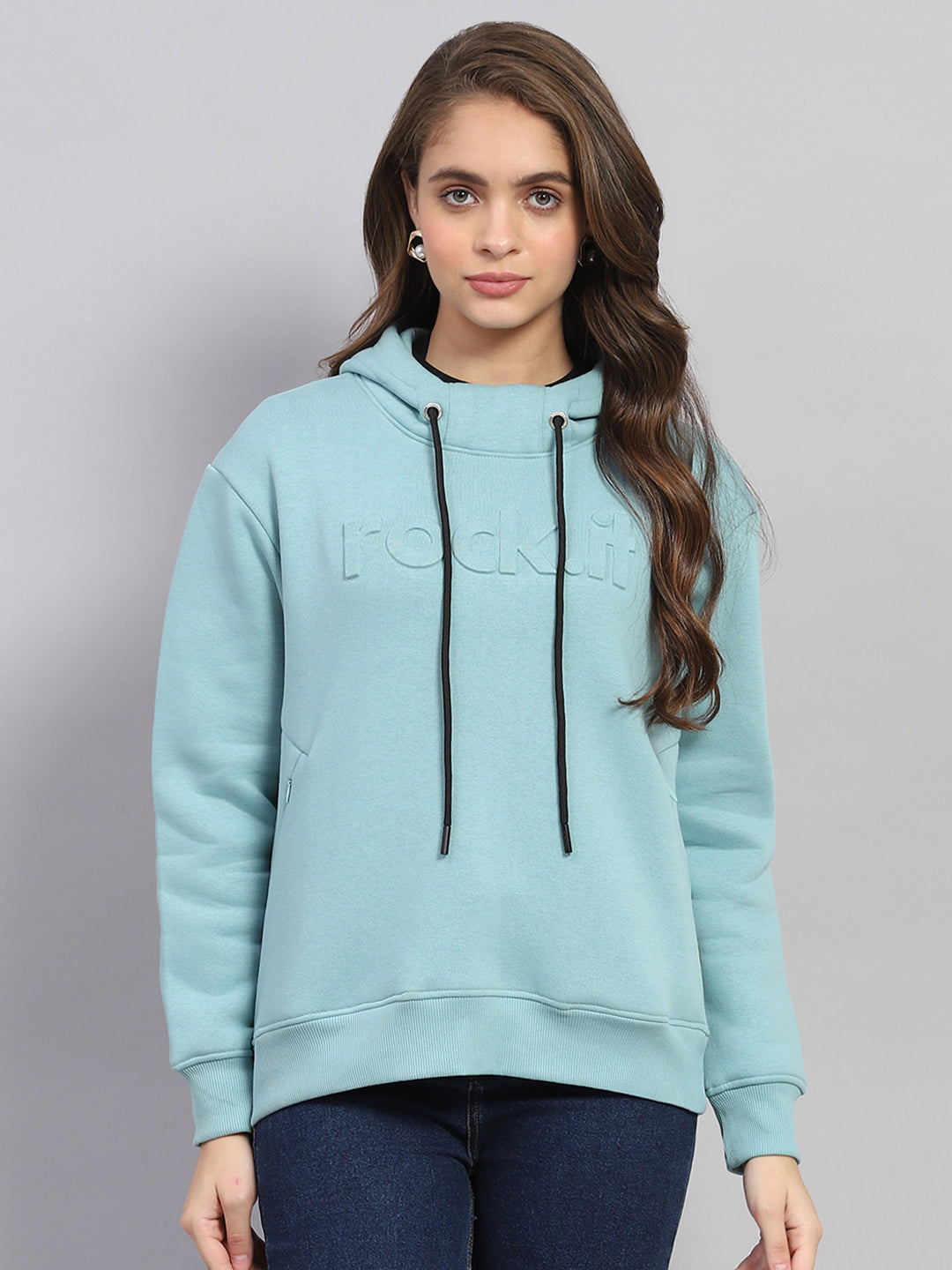 Rock.it Women Blue Solid Hooded Full Sleeve Sweatshirt