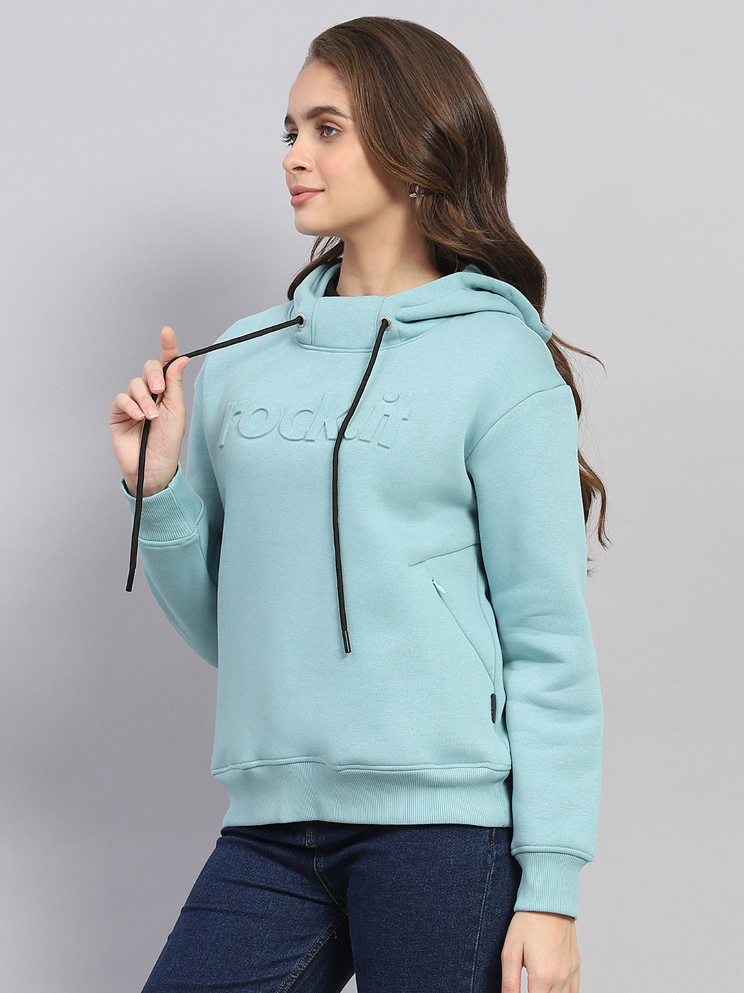 Rock.it Women Blue Solid Hooded Full Sleeve Sweatshirt