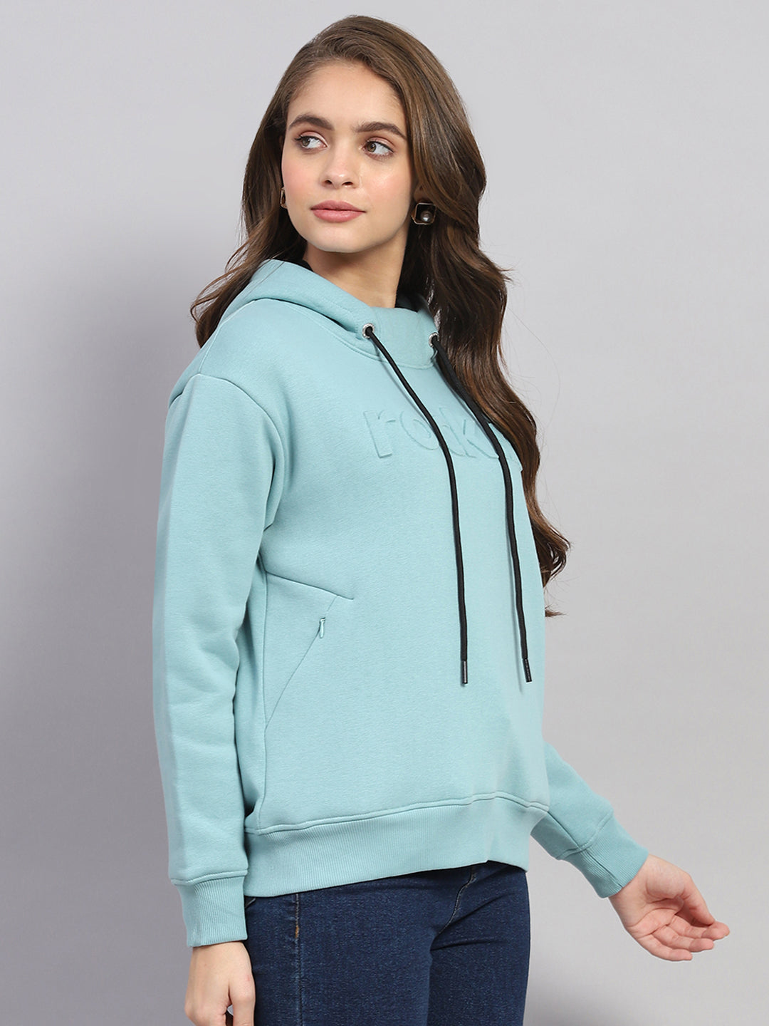Rock.it Women Blue Solid Hooded Full Sleeve Sweatshirt