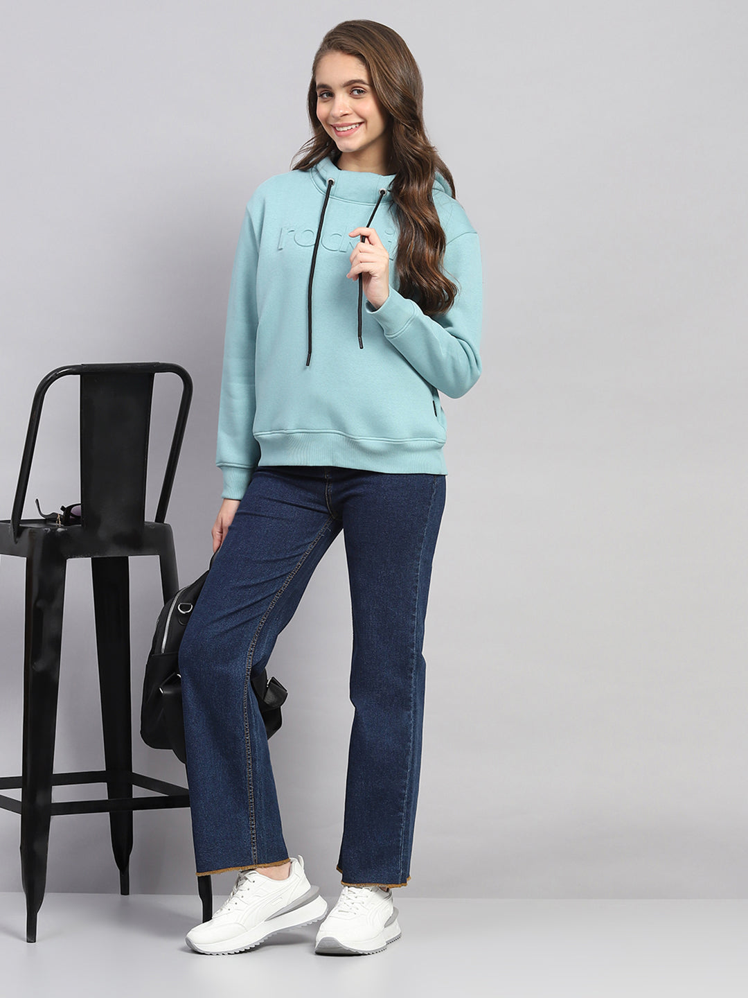 Rock.it Women Blue Solid Hooded Full Sleeve Sweatshirt