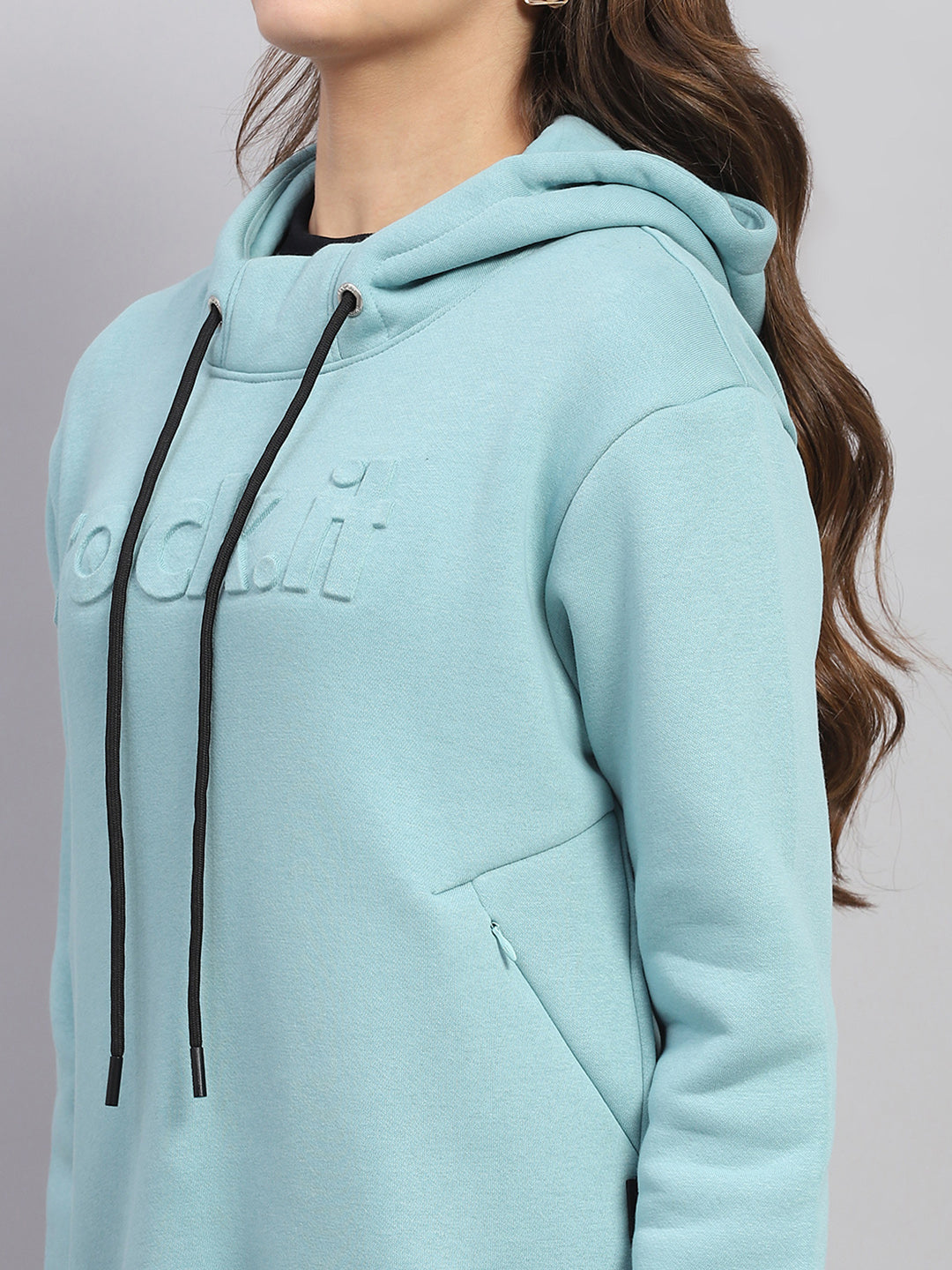 Rock.it Women Blue Solid Hooded Full Sleeve Sweatshirt