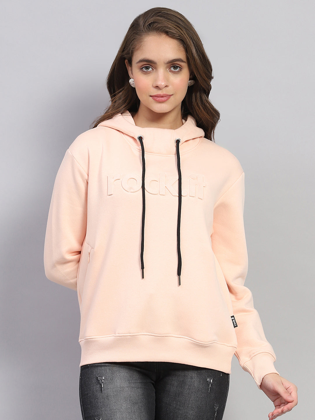 Rock.it Women Peach Solid Hooded Full Sleeve Sweatshirt