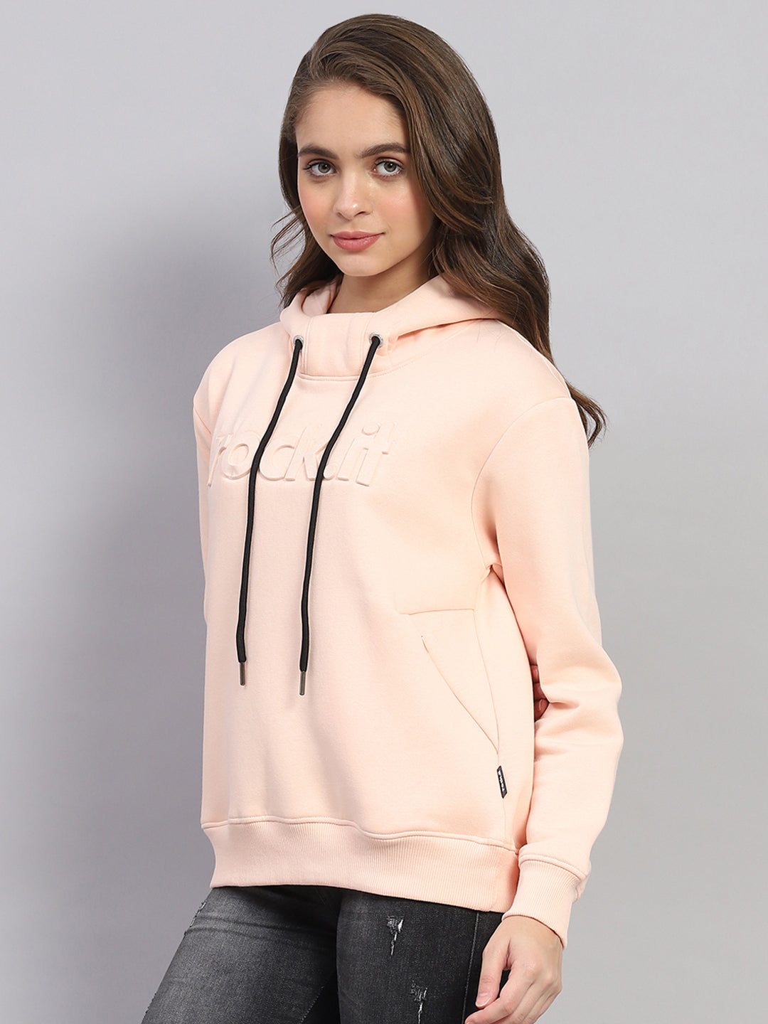 Rock.it Women Peach Solid Hooded Full Sleeve Sweatshirt