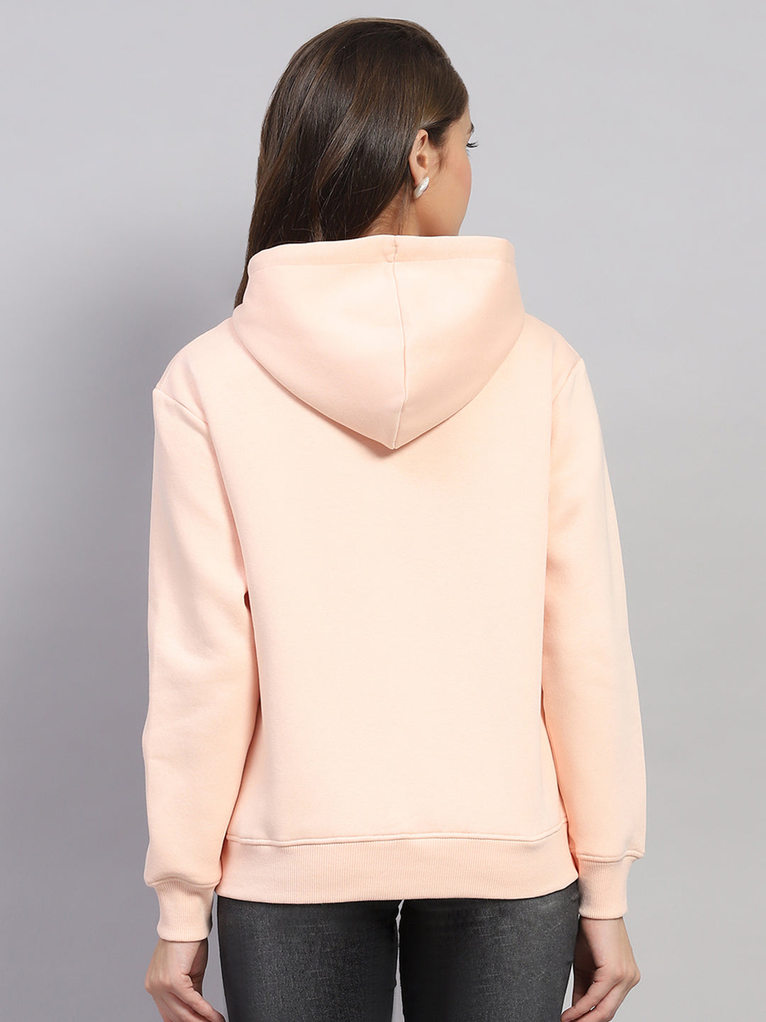 Rock.it Women Peach Solid Hooded Full Sleeve Sweatshirt
