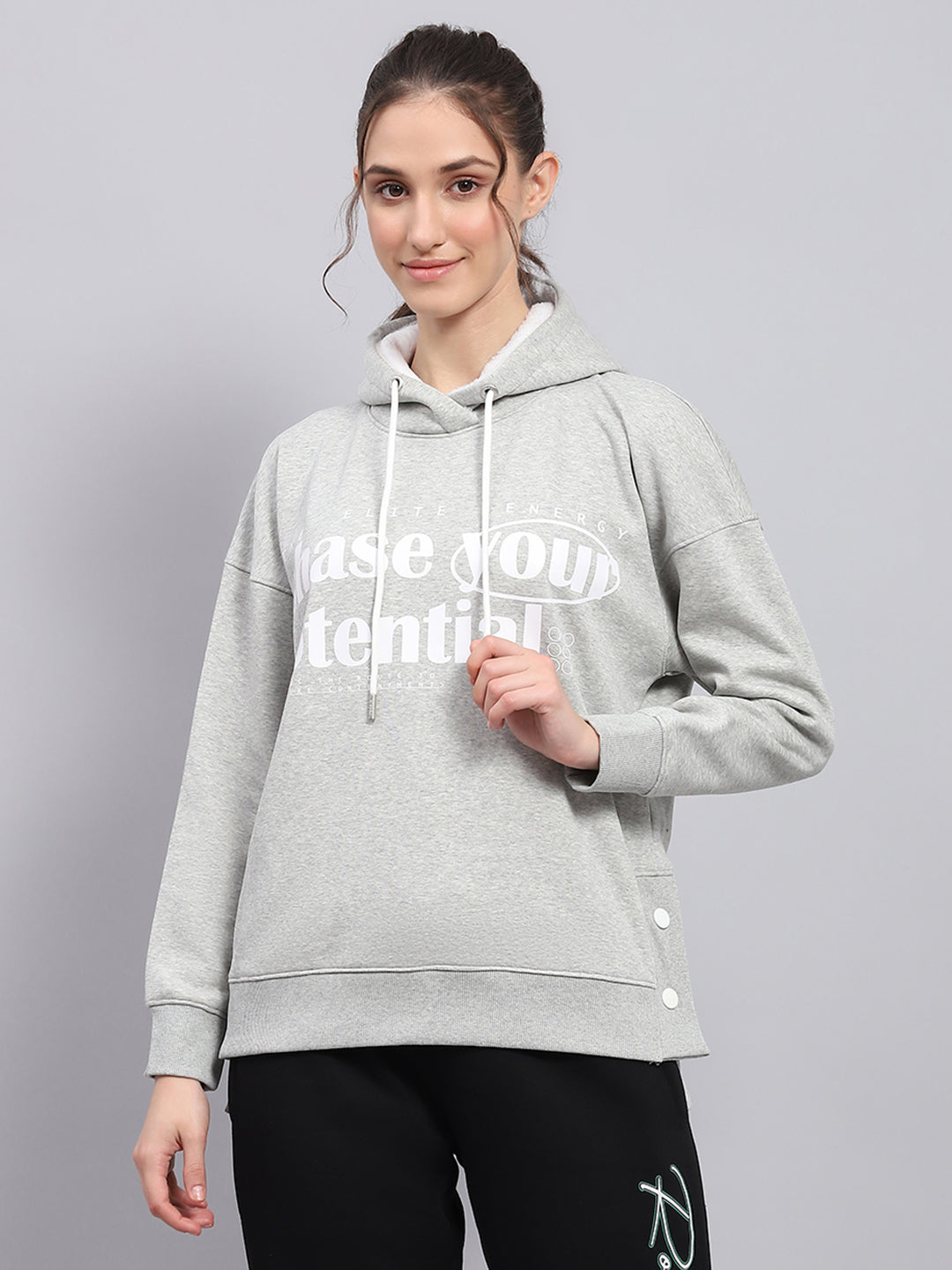 Rock.it Women Grey Printed Hooded Full Sleeve Sweatshirt