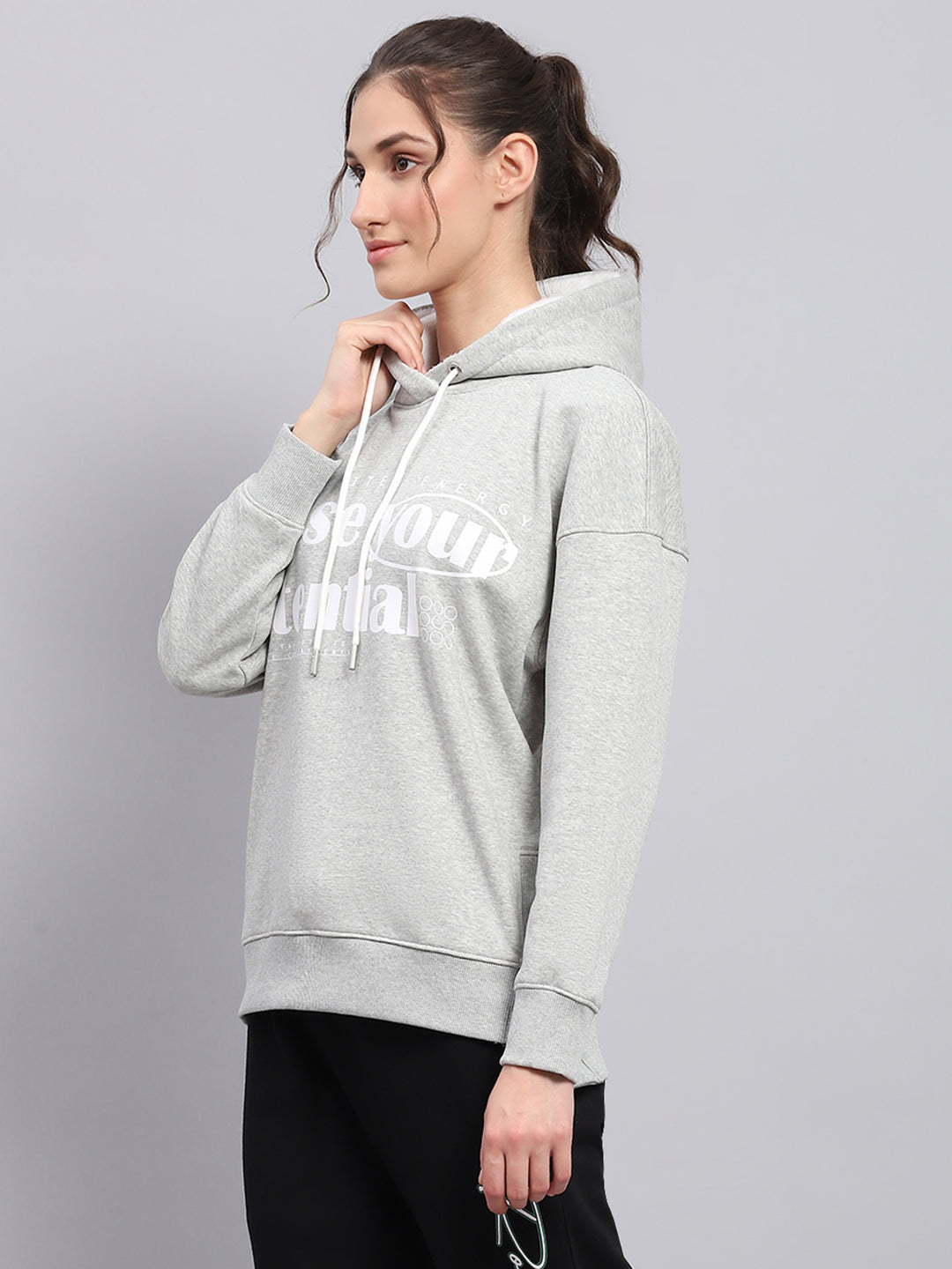 Rock.it Women Grey Printed Hooded Full Sleeve Sweatshirt