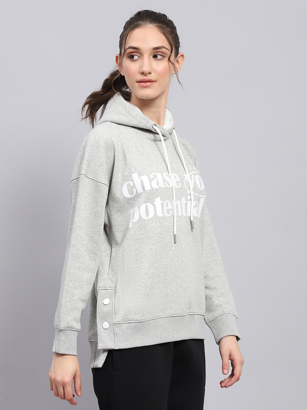 Rock.it Women Grey Printed Hooded Full Sleeve Sweatshirt