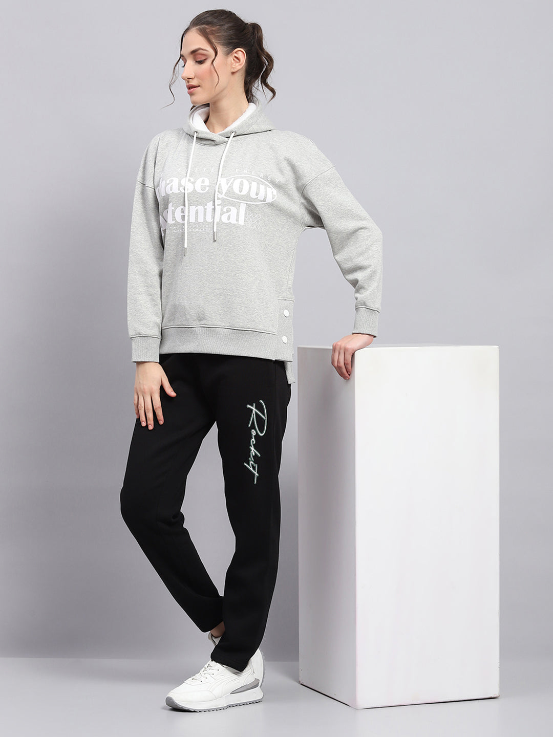 Rock.it Women Grey Printed Hooded Full Sleeve Sweatshirt