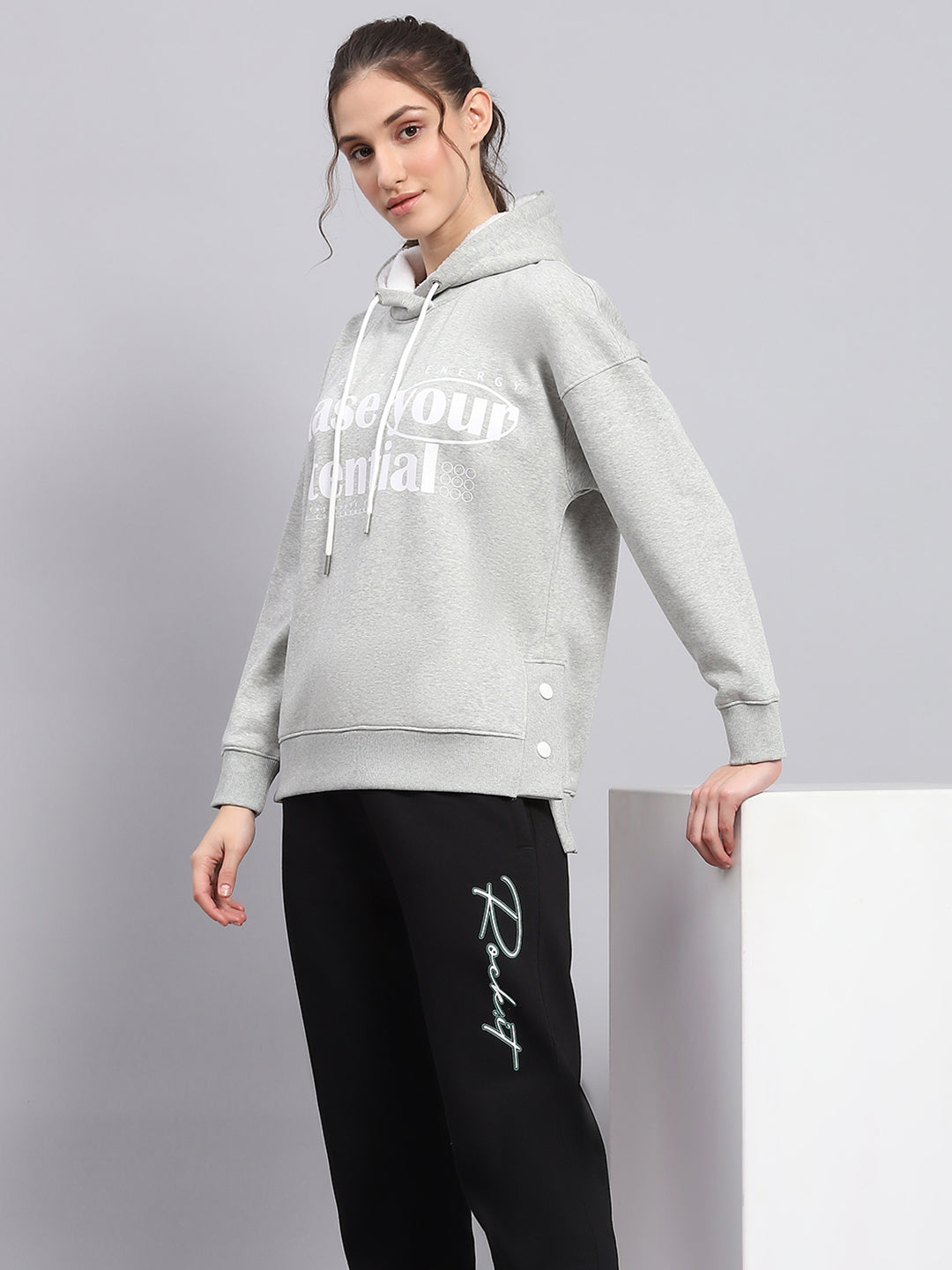 Rock.it Women Grey Printed Hooded Full Sleeve Sweatshirt