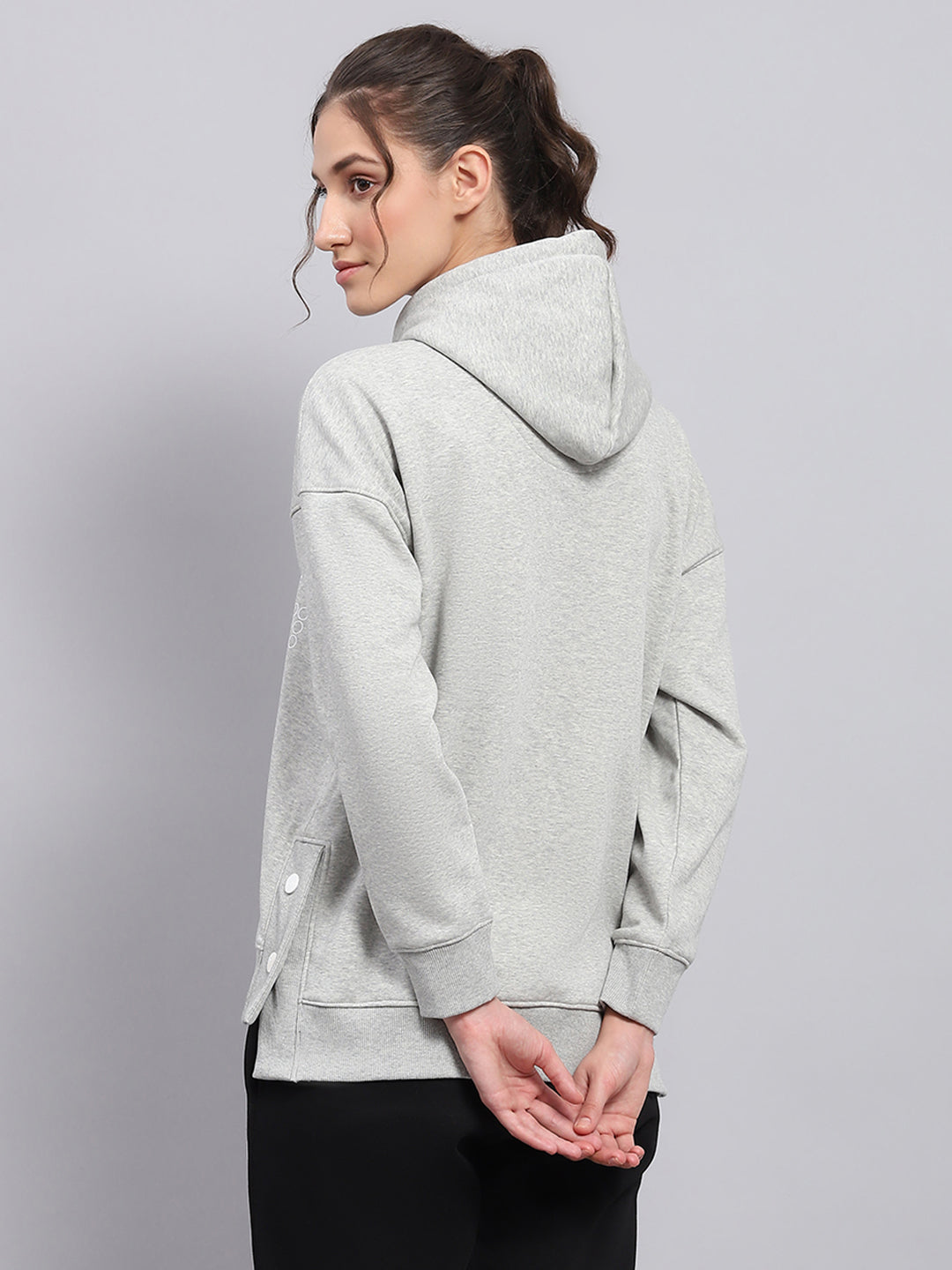Rock.it Women Grey Printed Hooded Full Sleeve Sweatshirt