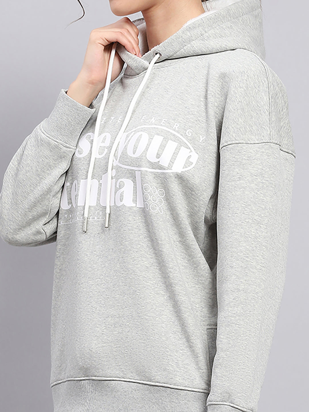 Rock.it Women Grey Printed Hooded Full Sleeve Sweatshirt