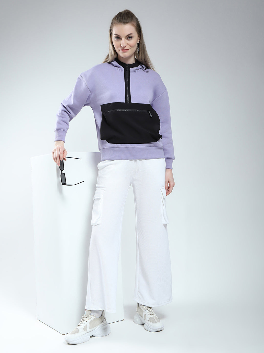 Rock.it Women Purple Solid Hooded Full Sleeve Sweatshirt